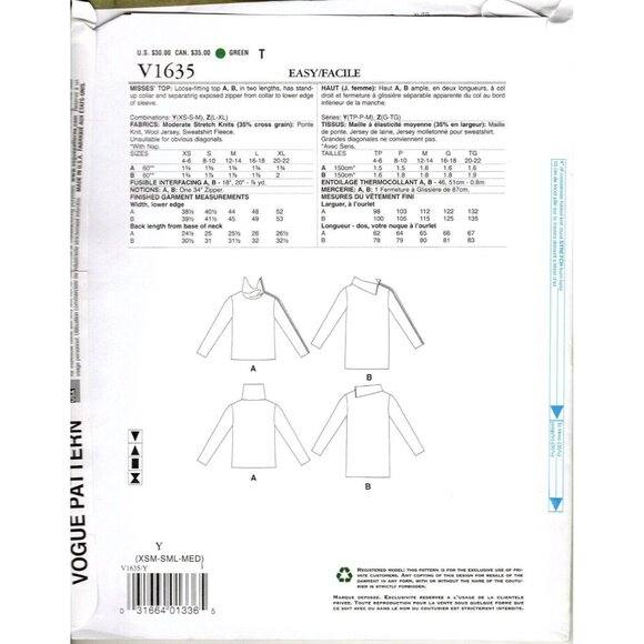 Vogue V1635 Misses L to XXL Easy Pullover Tops UNCUT Sewing Pattern - Picture 2 of 2